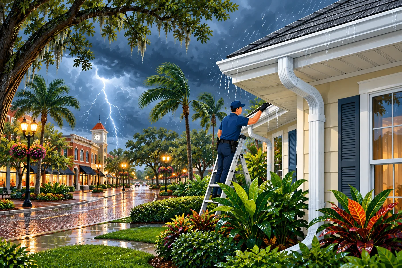 Illustration: gutters and a downspout at a Winter Garden-area home in Florida weather